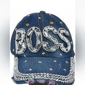 NWT Distressed Denim Rhinestone Bling BOSS Adjustable Cap Hat